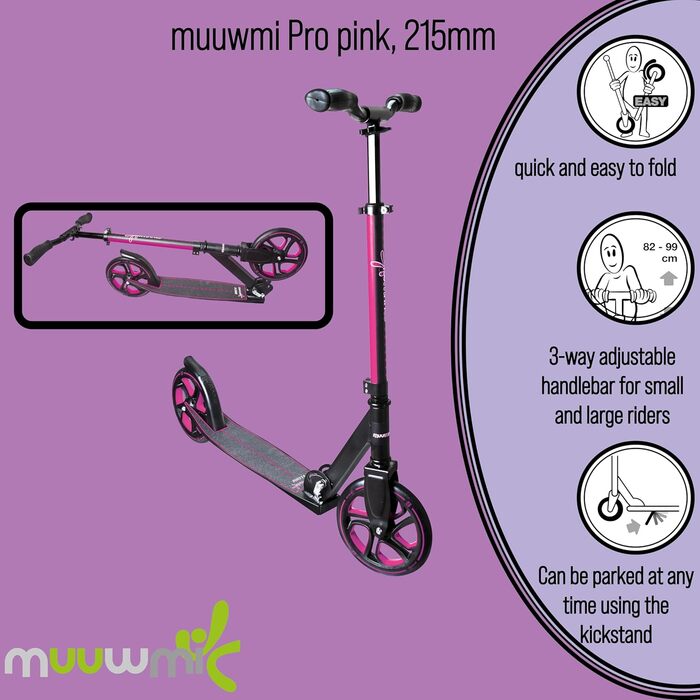 Самокат, 215 мм, ABEC 7, для дітей та дорослих, протестований GS, регульований по висоті, рожевий