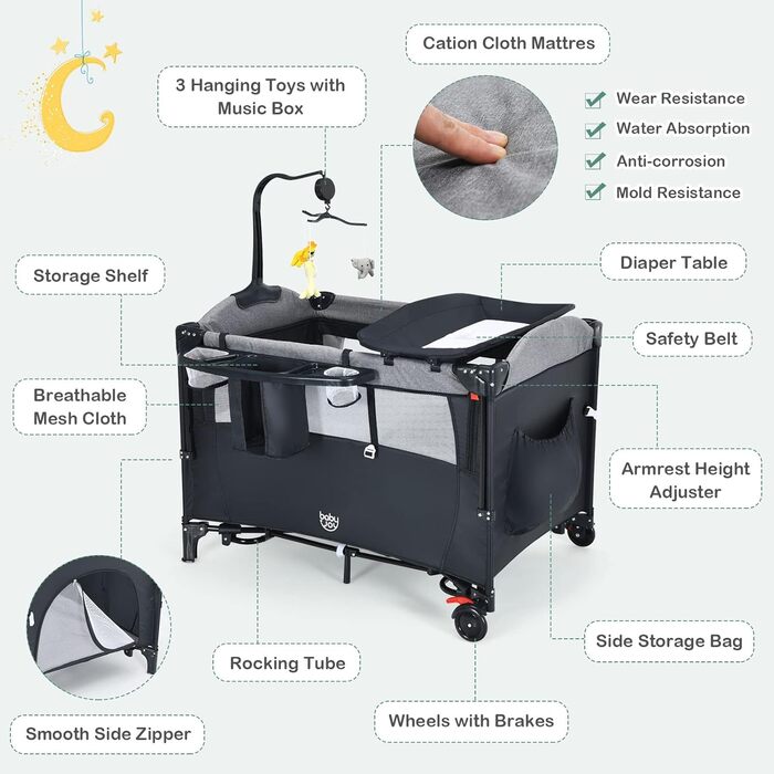 Дитяче ліжечко GOPLUS Baby Travel Cot, дитяче ліжечко з матрацом та тримачем для підгузків на колесах, дитяче ліжечко з боковим входом, сумка для перенесення, підставка для іграшок та музичний мобіль, 0-3 роки до 15 кг (чорне)