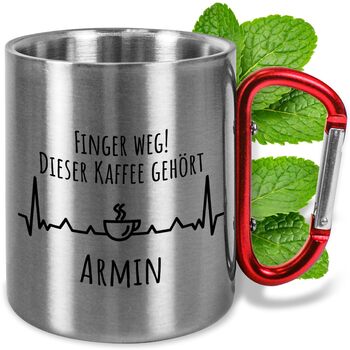 Кумедна металева кружка з нержавіючої сталі з карабіном, приблизно 330 мл, персоналізована написом Руки геть - Кемпінгова кружка з назвою - Подарунки для активного відпочинку для чоловіків та жінок (кава, червона ручка)