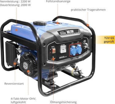 Генератор Gde GSE 2701 (4-тактний двигун, бензиновий, 3,2/4,4 (кВт/к.с.), 2 розетки 230 В, макс. 2200 Вт, час роботи до 17 год, бак 15 л, автоматичний регулятор напруги (ARV), захист від перевантаження, несуча рама, перевірено TV/GS)