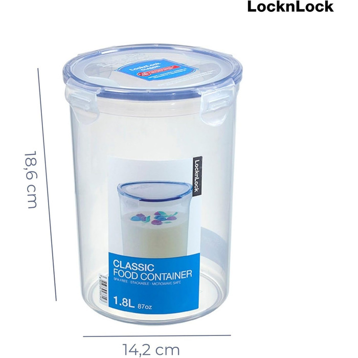 Контейнер Lock&Lock PP Classic Круглий 1,8 л Ø 14,2 x 18,6 см 100 герметичний Без BPA Для зберігання в морозильній та холодильній камері Підходить для миття в посудомийній машині та використання в мікрохвильовій печі. 1,8 літри