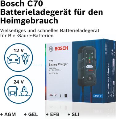 Зарядний пристрій Bosch C70, 10 ампер, з функцією крапельного заряду - Автомобільний зарядний пристрій для свинцево-кислотних, AGM