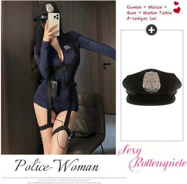 Жіночий костюм поліцейського, комплект із 4 предметів, сексуальний комплект для косплею зі страпонами, сексуальний боді на блискавці для рольових ігор у поліцейській формі з декоративною рацією та капелюхом, синій, один розмір
