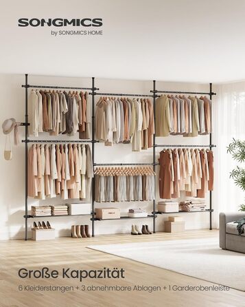 Телескопічна вішалка для одягу SONGMICS, 3-рівнева шафа, регульована по висоті та ширині, відкрита шафа з 6 шт. ангами для одягу та 3 знімними полицями, поручень, матово-чорний HSR155B01 3 ряди (240 Вт-353 Вт) см матово-чорний