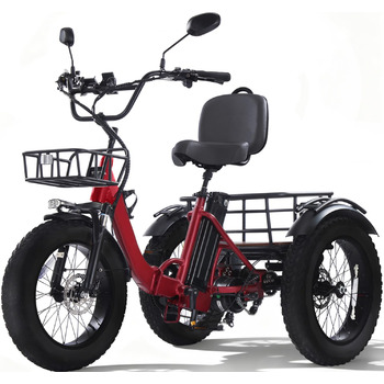 Електричний триколісний велосипед KAKIGO для дорослих, товсті шини 20x4, складаний алюмінієвий електровелосипед, двигун 250 Вт, 65 Нм, акумулятор 48 В 15,6 Аг, 25 км/год, передній та задній кошики, диференціал, запас ходу 90 км, червоний, з тримачем для т
