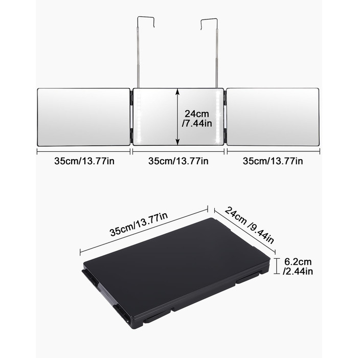 Дзеркало зі світлодіодом, Дзеркало з регулюванням висоти, 3-х стороннє розкладне дзеркало з гачком, Акумуляторне дзеркало для гоління для стрижки волосся, Макіяж, зі збільшувальним дзеркалом 10 разів і шарфом перукаря, 360