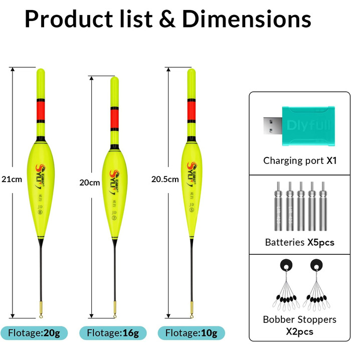 Набір з 3 світлодіодних рибальських поплавців із зарядним пристроєм та акумулятором, поплавці зі зміною кольору, що підсвічуються, для дня та ночі, рибальські аксесуари для поплавців для щуки 20 см, 19,5 см, 21 см, витрата свинцю 20 г