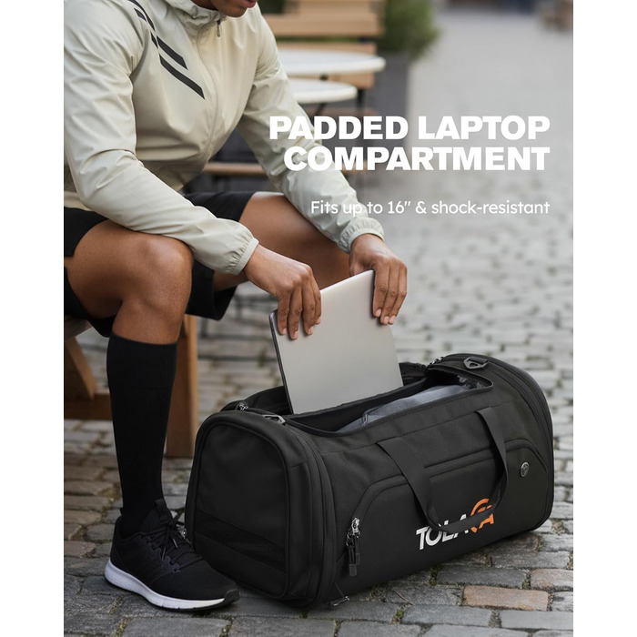 Спортивна сумка Tolaccea 56-70 л для чоловіків та жінок розширювана дорожня сумка з відділенням для взуття та відділенням для вологих речей, яку можна носити як рюкзак, для фітнесу, спортзалу, плавання, футболу, подорожей (чорна)