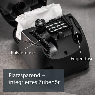 Пилосос із мішком Siemens synchropower VS06A212, 600 Вт, чорний гігієнічний фільтр, насадки для паркету, килимів, плитки та щілинна насадка, висока потужність всмоктування, довгий кабель