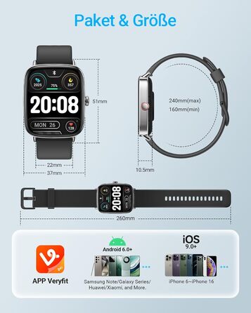 Розумний годинник для чоловіків та жінок з функцією телефону, фітнес-годинник 1,85 дюйма, понад 100 спортивних режимів, фітнес-трекер з моніторингом серцевого ритму/SpO2/сну, крокомір, водонепроникний спортивний годинник IP68 для iOS та Android, чорний