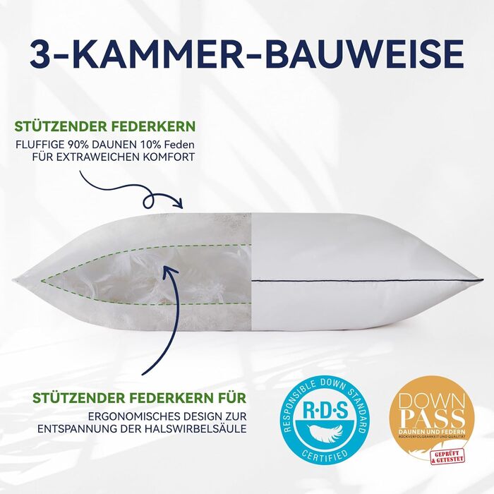 Преміальна подушка 80x80 см, 100 натуральний пух та пір&39я, ергономічно оптимізована 3-камерна подушка для підтримки шиї, подушка середньої жорсткості, медично протестована, сертифікована Oeko-Tex, 80x80 см