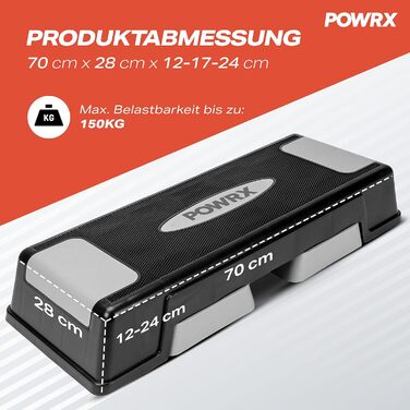 Аеробний степер POWRX 12/17/24 см (3 рівні) сірого кольору Степер з регульованою висотою та нековзним покриттям для аеробіки, гімнастики та фітнесу Домашня степ-лава чорного/сірого кольору
