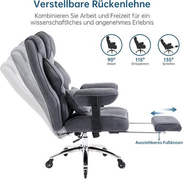 Ергономічне офісне крісло, вантажопідйомність 200 кг, крісло керівника з підставкою для ніг, робоче крісло з поперековою опорою, зручне широке сидіння XXL, потовщена оббивка, регульована висота, штучна замша сірого кольору