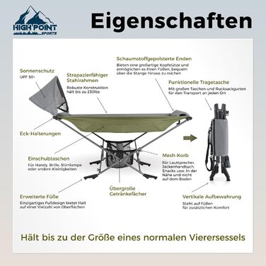 Гамак для кемпінгу HIGH POINT SPORTS, гамак для вулиці зі знімним сонцезахисним тентом, вантажопідйомність 250 фунтів, міцний портативний гамак з дорожньою сумкою для саду, приміщень, балкону, патіо, кемпінгу, зелений