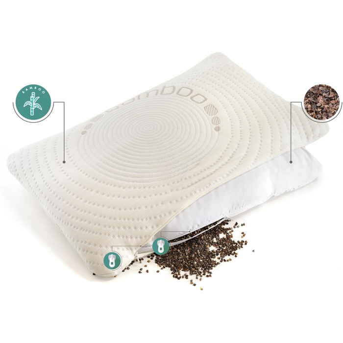 Гречана подушка, подушка для шиї, гречана подушка для голови від болю в шиї, подушка для сну на боці з бамбуковими наволочками, подушка для підтримки шиї з гречаної лушпиння, ортопедична подушка (40x80 см)