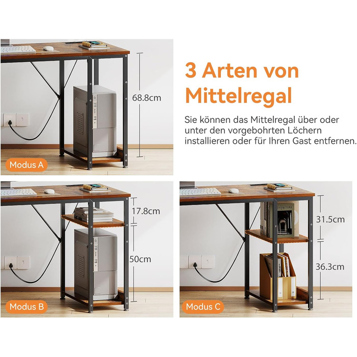 Письмовий стіл Coleshome з тканинними шухлядами, 130x48 см, комп&39ютерний стіл з 2 розетками та 2 портами USB для зарядки, ПК-стіл з полицею, двосторонній офісний стіл для офісу, вітальня, коричневий, 130x48x75,7 см