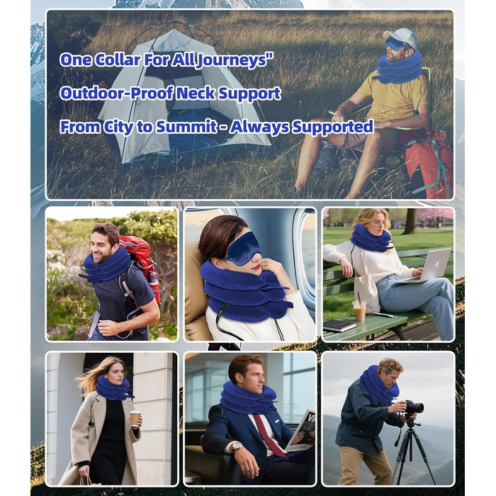 Регульований носильник для шиї надувна подушка для шиї з маскою для сну, підтримка шиї для шийного відділу хребта та полегшення болю в шиї для подорожей, роботи та кемпінгу (синій) Синій 1