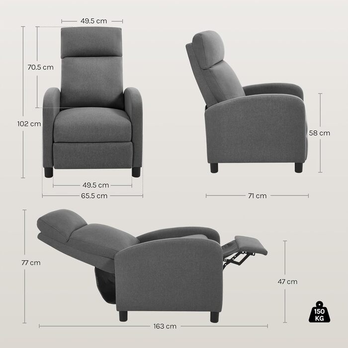 Крісло-реклайнер WOLTU з функцією відкидання/сну, з підставкою для ніг, регульоване, вітальня/спальня, м&39яке, 89 x 102 x 65,5 см, льон, темно-сірий