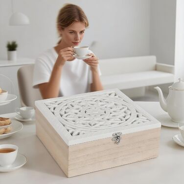 Чайні коробки для чайних пакетиків, дерев&39яна чайна скринька з 9 відділеннями, коробка для зберігання чайних пакетиків з кришкою з різьбленим квітковим орнаментом ручної роботи, біла