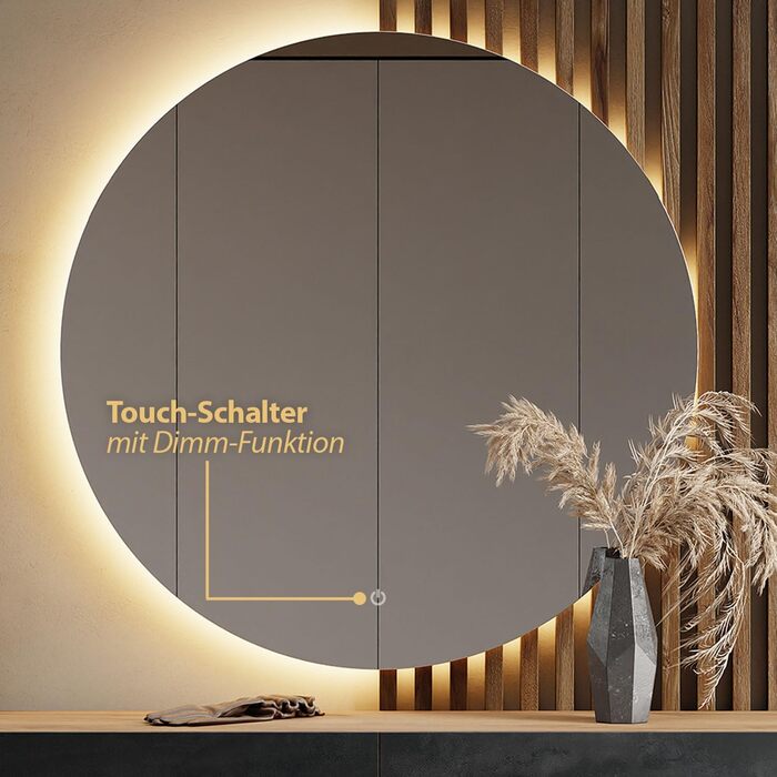 Вішалка для передпокою Planetmbel 100 см вкл. дзеркало кругле з підсвічуванням 100 см, біла, меблі для передпокою з дзеркалом, 37,