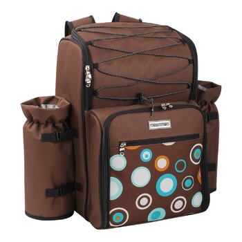 Рюкзак для пікніка Anndora на 4 особи з вбудованою сумкою-холодильником, коричневий з синіми колами, включаючи набір аксесуарів з 29 предметів