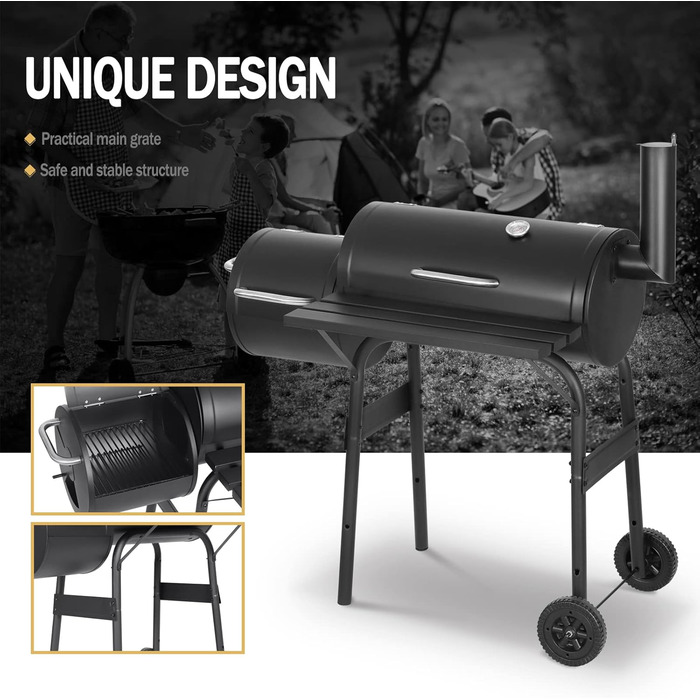 Вугільний гриль Laneetal з кришкою та візком на колесах, металевий садовий гриль з робочою поверхнею для кемпінгу та відпочинку на природі, чорний