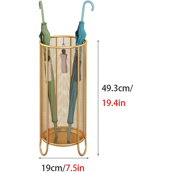 Окремо стояча підставка для парасольки з тримачем і гачком, кругла металева підставка для парасольки, для передпокою, домашнього офісу, готелю, саду, торгового центру (колір золото, розмір маленький золотий S