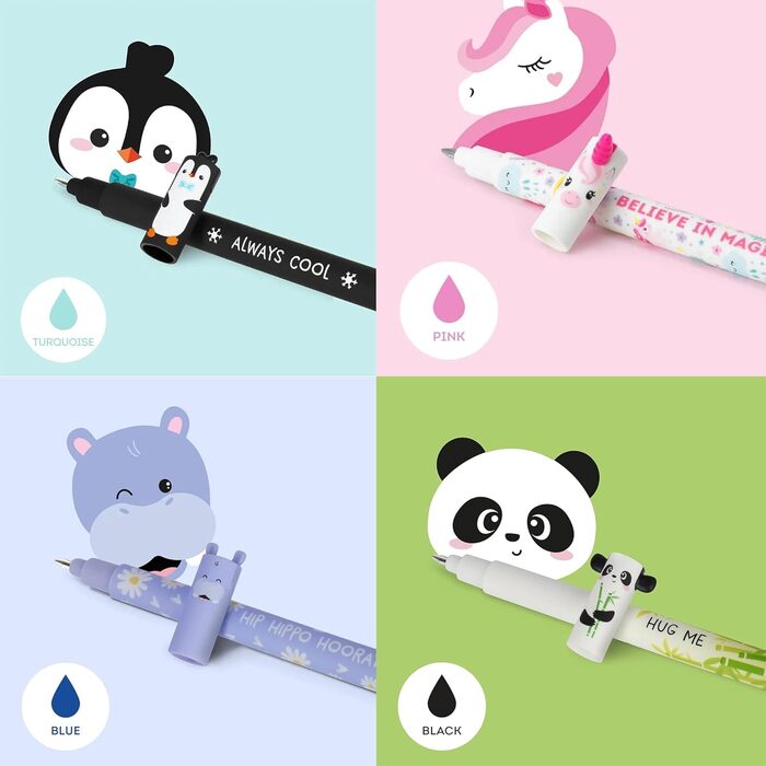 Набір із 14 гелевих ручок, що стираються, з термочутливою гумкою, різні кольори чорнил та дизайни корпусу, наконечник 0,7 мм, мотиви тварин, 14 предметів