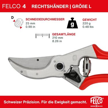 Садові ножиці FELCO 4 для великих правшів, ріжуть гілки діаметром до 25 мм, довжиною 210 мм, з канавкою для соку, ковані ручки, надійний інструмент для всіх завдань з різання. FELCO 4 Single