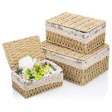 Набір кошиків для зберігання з 3 предметів з кришкою, декоративний плетений кошик, компактні кошики для зберігання у ванній кімнаті, плетений подарунковий кошик, коробка для зберігання зі знімною підкладкою (3 розміри)