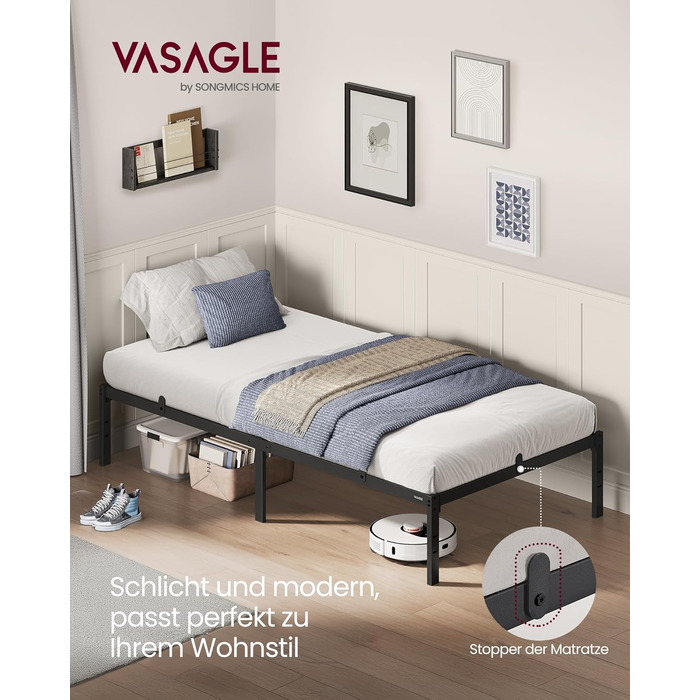 Каркас односпального ліжка VASAGLE, Ліжко, 90 x 200 см, Металеве ліжко, Каркас ліжка, Місце для зберігання під ліжком, Сучасне, Гостьове ліжко, Легке складання, Чорно-чорний RMB132B01 90 x 200 см Висота - 35,6 см