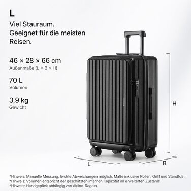 Валіза розширювана, жорсткий корпус, верхнє відкриття, компресійні ремені та додатковий простір Міцна, стійка до подряпин, легка (Чорна, L-65см) L-65см Чорна