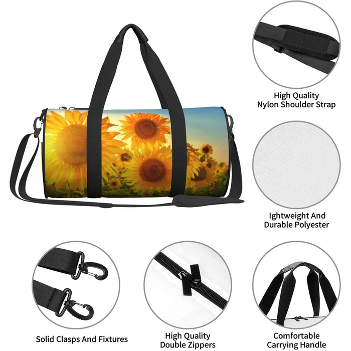 Спортивна сумка для подорожей, чорна, з принтом соняшникового поля, універсальний розмір