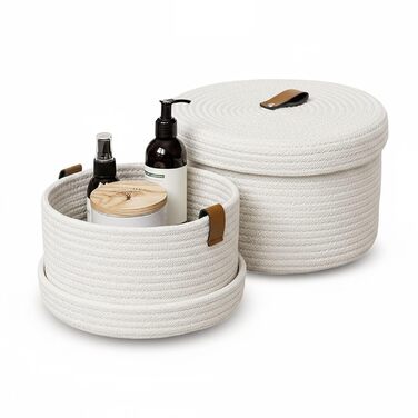 Кошики для зберігання з кришками, плетені кошики з бавовняних ниток з ручками, декоративні кошики, що миються, багатофункціональний органайзер для полиць, вітальня та ванна кімната (білий), 2