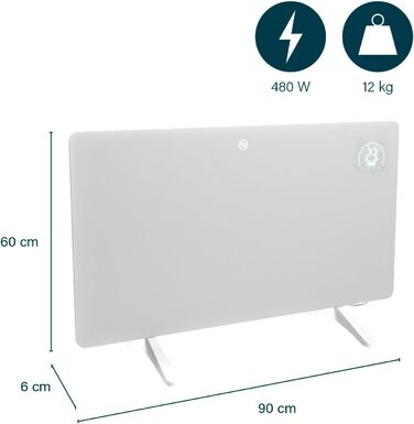 Інфрачервоний обігрівач Princess Connected - Carbon Crystal - Плоский настінний радіатор - 480 Вт - Регульований термостат до 50 C - 24-годинний таймер - Тижневе програмування - Білий або чорний (білий)