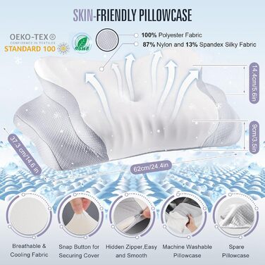 Подушка з піни з ефектом пам&39яті 60D, ортопедична ергономічна подушка для болю в шиї та плечах, підтримка шийного відділу хребта для сну на боці, спині та животі, з 2 наволочками, що праються, сіра, 62 x 37,3 x 14,4/9 см