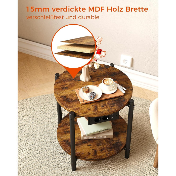 Круглий тумбовий набір з 2 шт. , бічний столик з розеткою, порт USB-C, маленький столик з дерева та металу, журнальний столик для дивана, стіл для вітальні, 2 полиці для спальні (вінтажний коричневий, 2 шт.)