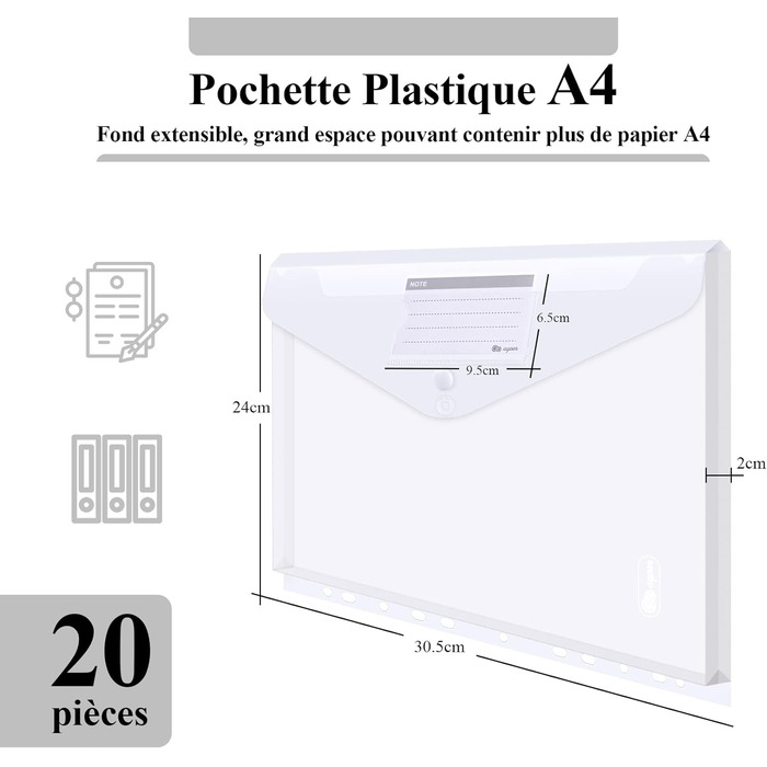 Пакет для документів А4 20 шт. - Тривимірна папка для документів формату А4 з 2 кнопками, папка А4 з 11 отворами для швидкозшивача та кишенею для впорядкування документів, кожна до 270 аркушів паперу 20 прозорих упаковок