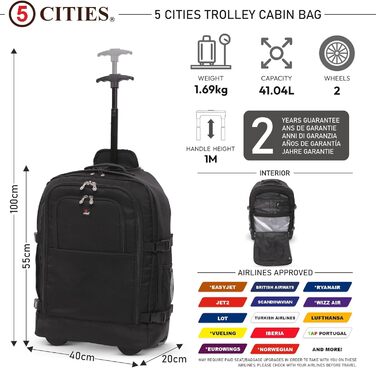 Рюкзак 5 Cities 55 см, сумка на візках, ручна поклажа, легкий, схвалений для використання в кабіні літака, з плечовими ременями, на колесах, валіза, ручна поклажа, чорний колір V2