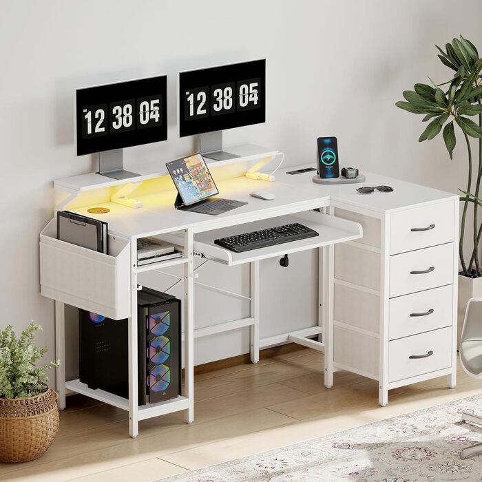 Подібний стіл Yeshine 140 см з підставкою для клавіатури, ігровий стіл з USB-портом зарядки та розеткою, комп&39ютерний стіл з RGB-підсвічуванням та шухлядами для роботи, навчання, відпочинку, білий