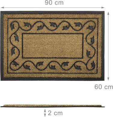 Великий килимок для дверей Relaxdays з натурального кокосу та нековзної ПВХ-гуми, підходить для використання всередині та зовні приміщень, з декоративним візерунком, екологічний прямокутний кокосовий килимок, розміри 2 x 90 x 60 см (В x Ш x Г), натуральни