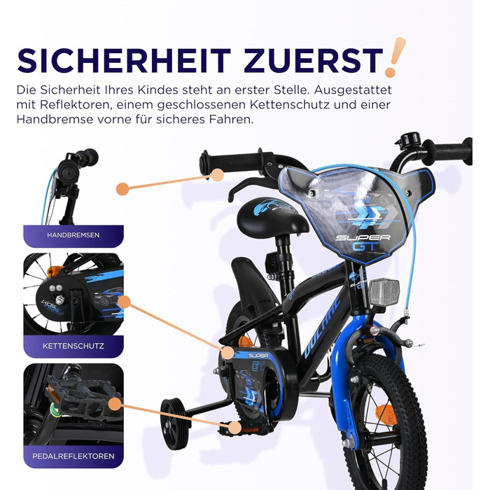 Дитячий велосипед Volare Super GT Blau 12 35 років 2 ручних гальма, знімні бічні колеса, захист ланцюга та світловідбивачі Регульоване сідло Подарунок для дівчаток та хлопчиків