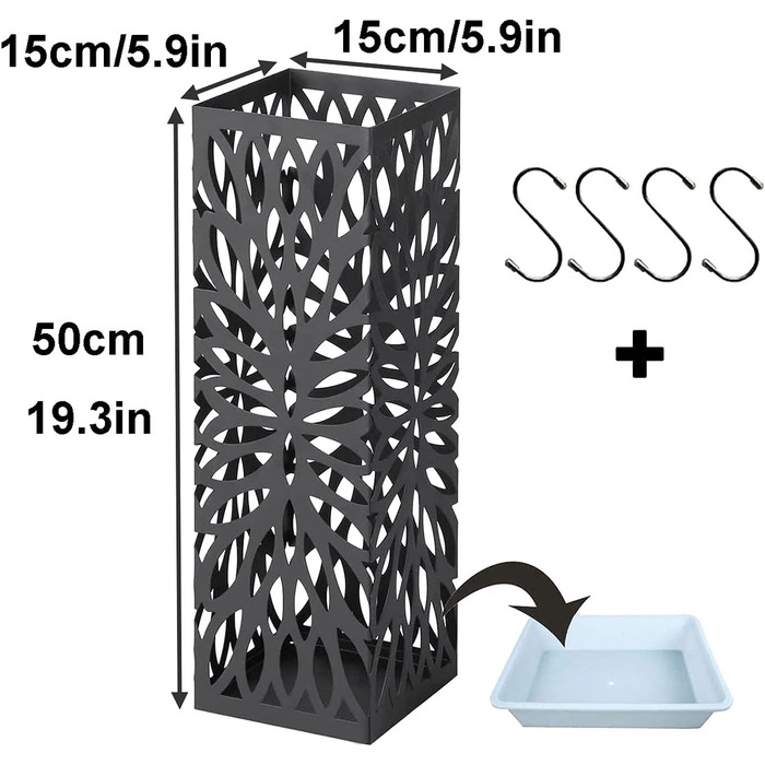 Підставка для парасольки Тримач для парасольки, металева підставка для парасольки, квадратний окремо стоячий тримач для парасольки, зі знімним піддоном для крапель, 4 гачки, для палиць, вхідна зона, офіс, чорний Svart 15x15x50см
