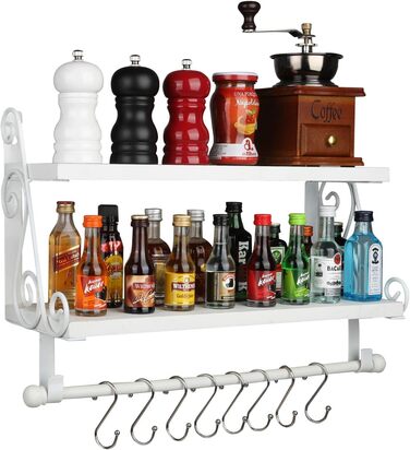 Дерев&39яна настінна полиця, плаваюча полиця, підвісна полиця, 2-рівнева полиця для спецій, кухонна полиця, органайзер для настінних полиць, полиця для ванної кімнати з 8 знімними гачками для ванної кімнати, вітальні, коридору, біла