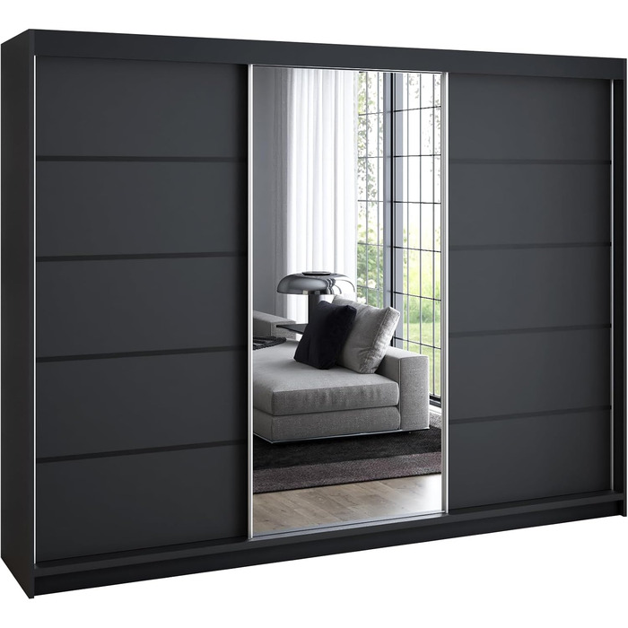 Шафа з 2 розсувними дверима, 3-дверна, 200 см, з дзеркалом, 4 шухлядами та 2 рейками для одягу, Містка шафа для спальні (чорна) Чорний / Чорний / Чорний