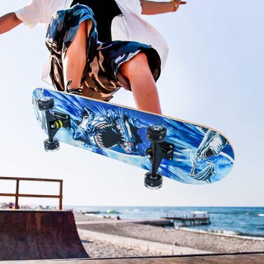 Повний скейтборд Blau-Shark 78.7 x 20.3 см - 8-шарова дека з клена, ABEC-11 підшипники, блискучі PU колеса, для дітей, підлітків та дорослих, блакитний акула дизайн