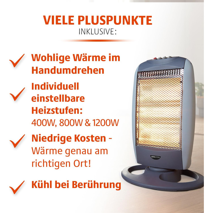 Галогенний обігрівач Bergstrm з 3 режимами нагріву макс. 1220 Вт коливання 75 захисний перемикач миттєве нагрівання після ввімкнення корпус, що не прогрівається розміри 48 x 31 x 22 см