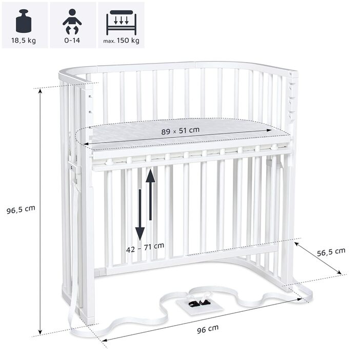 Приліжкове ліжечко Babybay Boxspring Comfort Plus, біле лаковане з матрацом Classic Cotton Soft, біле лаковане, 96Д x 56,5Ш x 96,5В см. З матрацом Classic Cotton Soft.