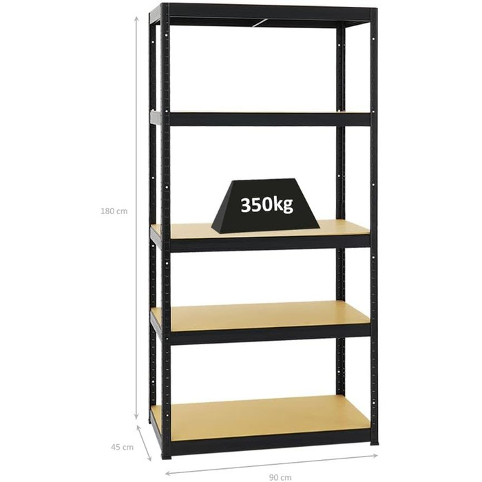 Надміцний стелаж, тонкий, чорний, 180x90x45 см, навантаження на полицю 350 кг, стелаж для підвалу, стелаж без болтів, гаражний стелаж, стелаж для зберігання 180x90x45 см, чорний