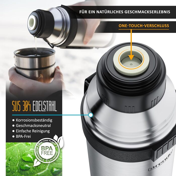 Термос з нержавіючої сталі об&39ємом 1 л - з 2 чашками - Термос з подвійними стінками - 1000 мл - Закриття одним клацанням - Герметичний - Знімна кришка - Без BPA - Стійкий до газованих напоїв - Срібний